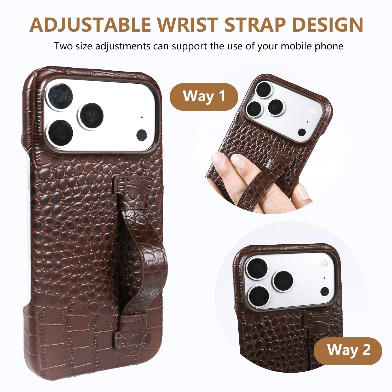 Luxury Genuine Leather Case With Wrist Strap Kickstand For iPhone 17 Pro Max 16 15 14 13 12 Crocodile Pattern Protective Funda thumbnail 5