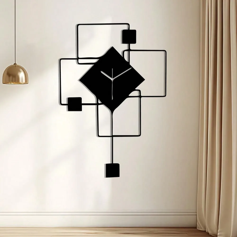 Metal Geometric Clock Wall Art, Silent Black Stencil Design, Modern Industrial Home Decor