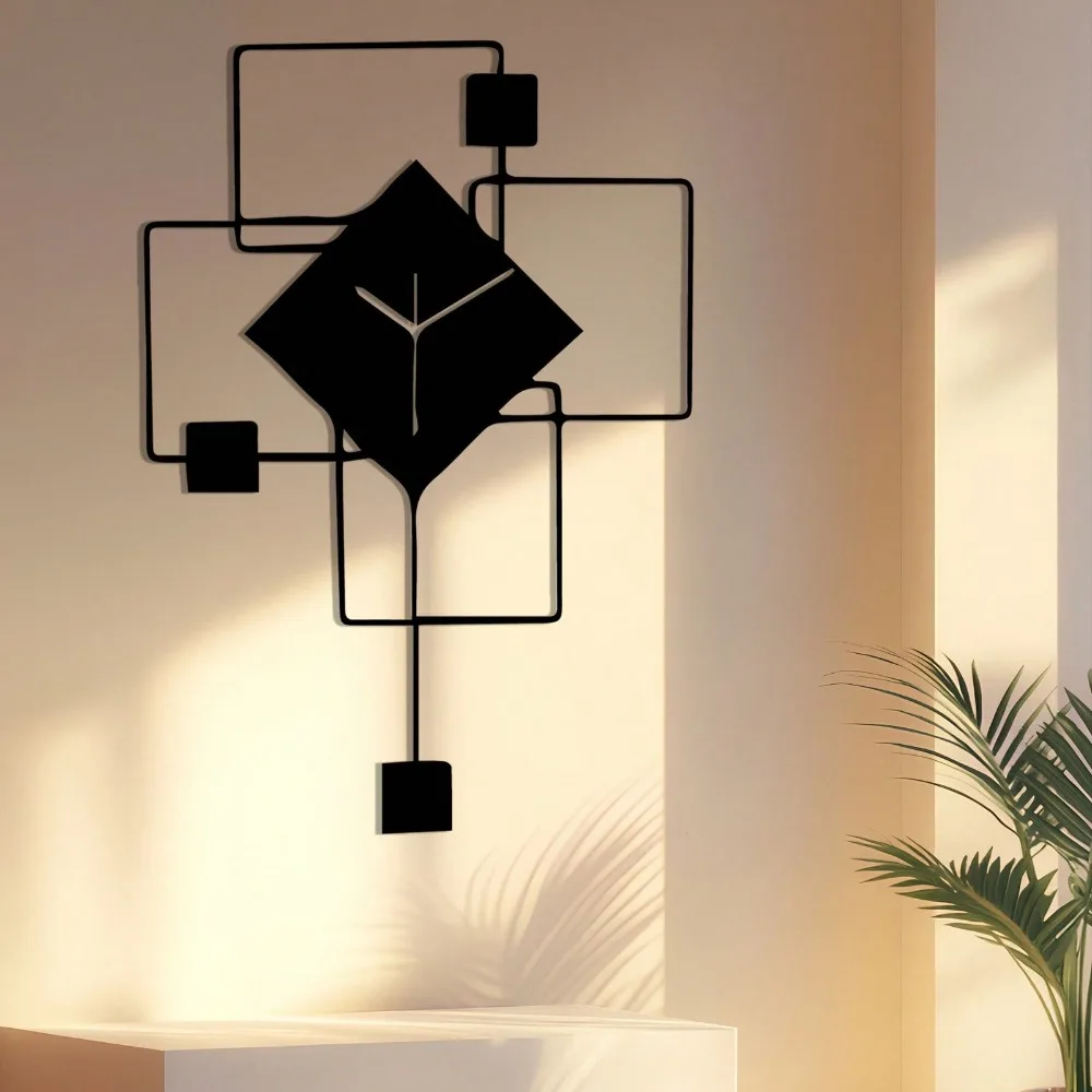 Metal Geometric Clock Wall Art, Silent Black Stencil Design, Modern Industrial Home Decor thumbnail 4