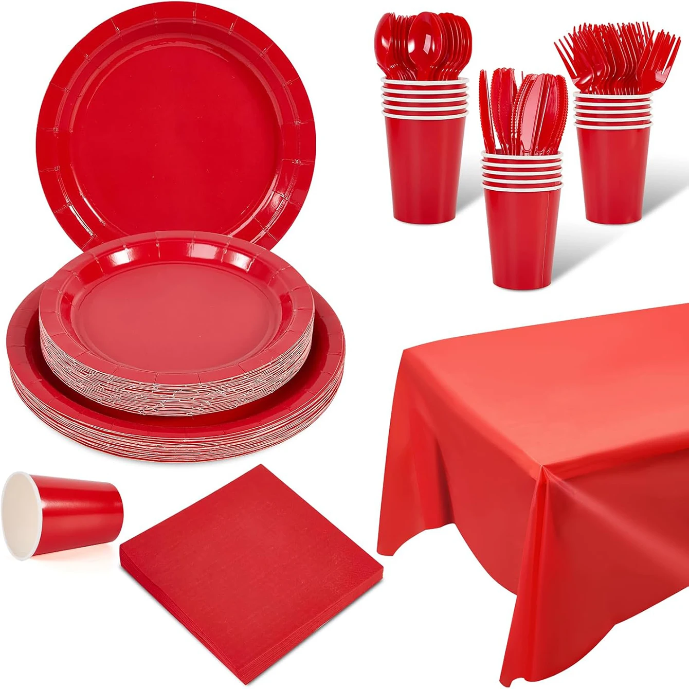 red disposable tableware set, 7/9inch paper dish napkin 9oz paper cup, cutlery spoon, birthday party, holiday party supplies
