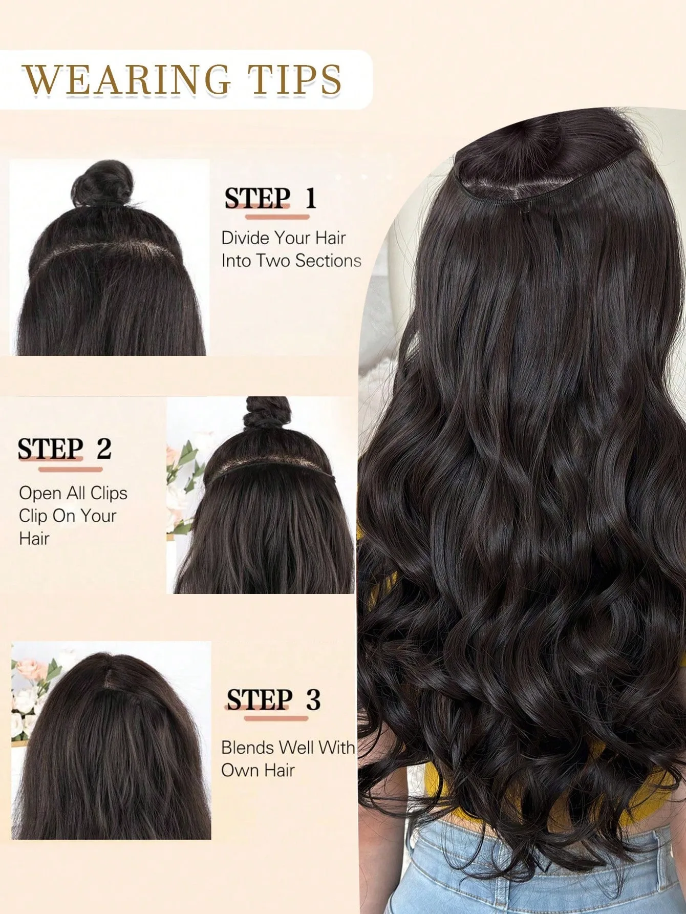 24Inch V-Shaped Synthetic Clip-In Hair Extensions Natural Wavy One-piece Hair Wig Half Head Wig With BB Clips Suitable For Women thumbnail 3