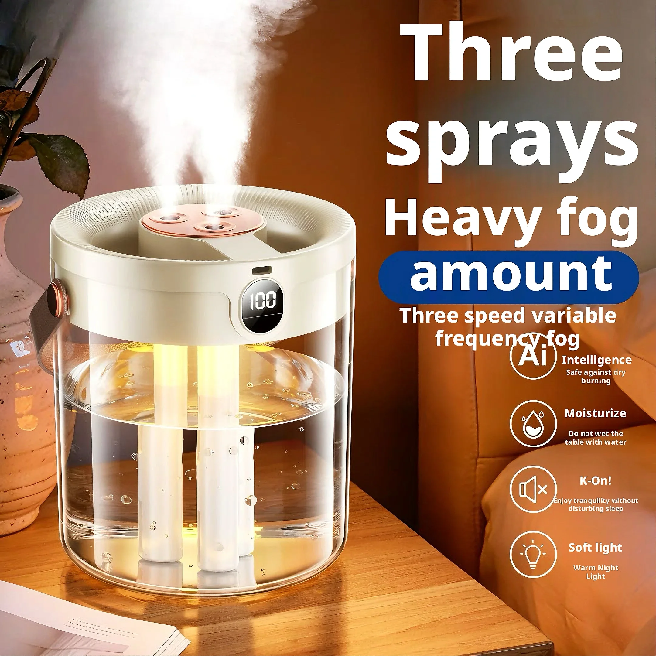 Rechargeable 3 Spray Humidifier Large Capacity Quiet Air Humidifier with Night Light Portable for Home Office Bedroom Desktop