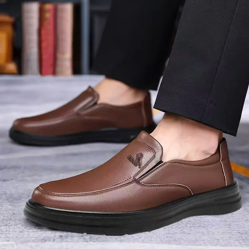 Business Casual Leather Shoes Men's Slip-On Anti-Slip Soft Bottom Breathable round Toe Adult Footwear Comfortable All-Season thumbnail 4