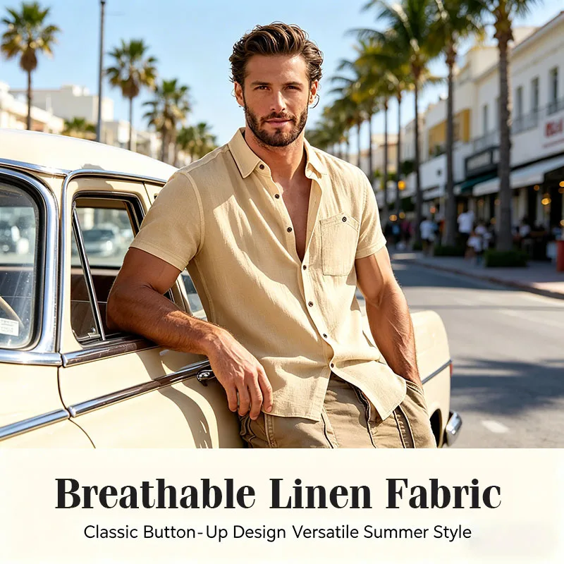 Men's Linen Blend Short Sleeve Button Down Shirt Casual Beach Tops with Chest Pocket Breathable Lightweight Summer Shirts forMen thumbnail 6