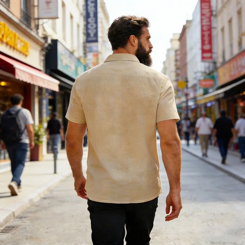 Men's Linen Blend Short Sleeve Button Down Shirt Casual Beach Tops with Chest Pocket Breathable Lightweight Summer Shirts forMen thumbnail 2