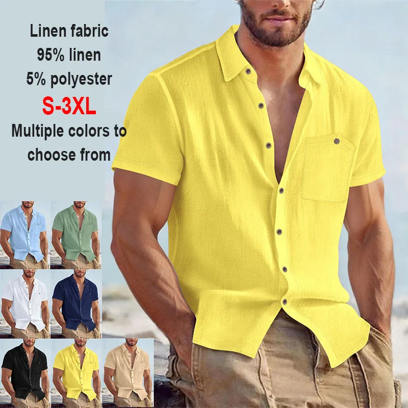 Men's Linen Blend Short Sleeve Button Down Shirt Casual Beach Tops with Chest Pocket Breathable Lightweight Summer Shirts forMen thumbnail 5