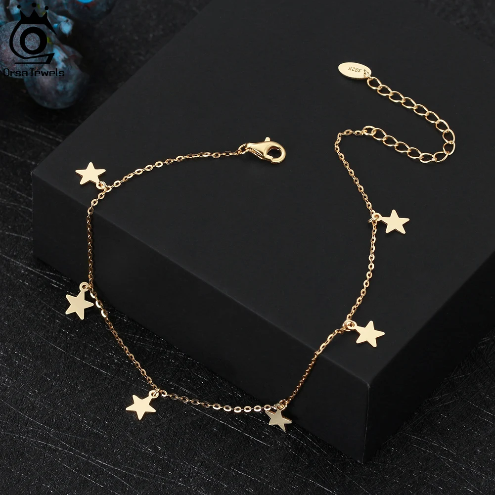 ORSA JEWELS Chain Anklet Woman Foot Bracelet 100% 925 Sterling Silver Anklet Cute Star Pendants Summer Simple Accessories SA27
