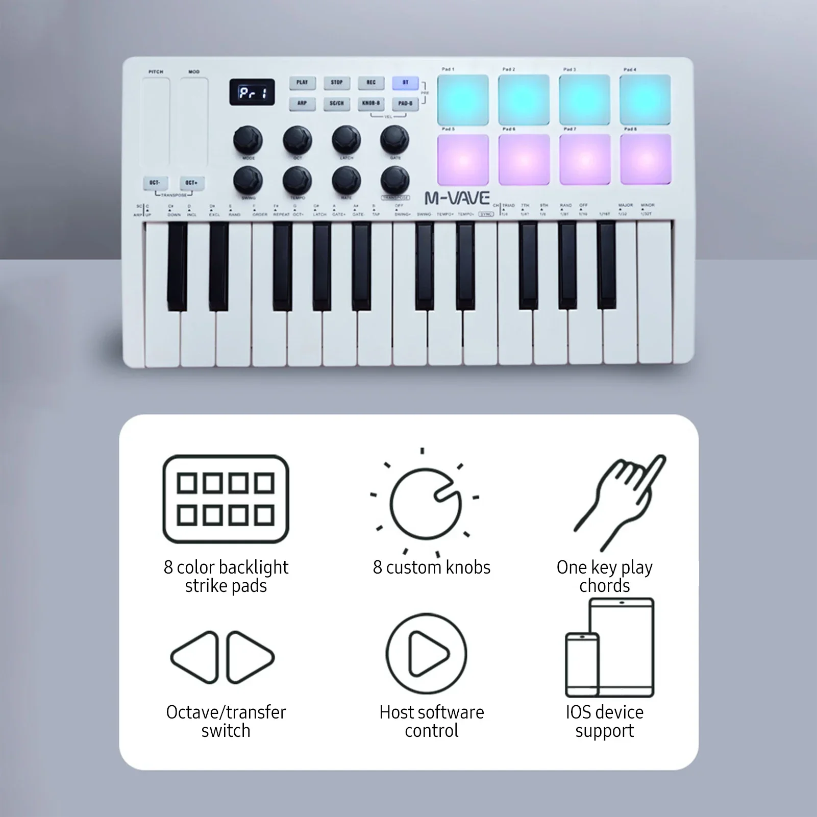 M-VAVE MIDI Controller Keyboard 25-Key Mini Portable USB Keyboard Piano MIDI Keyboard Controller 8 RGB Backlit Pads 8 Knobs thumbnail 5