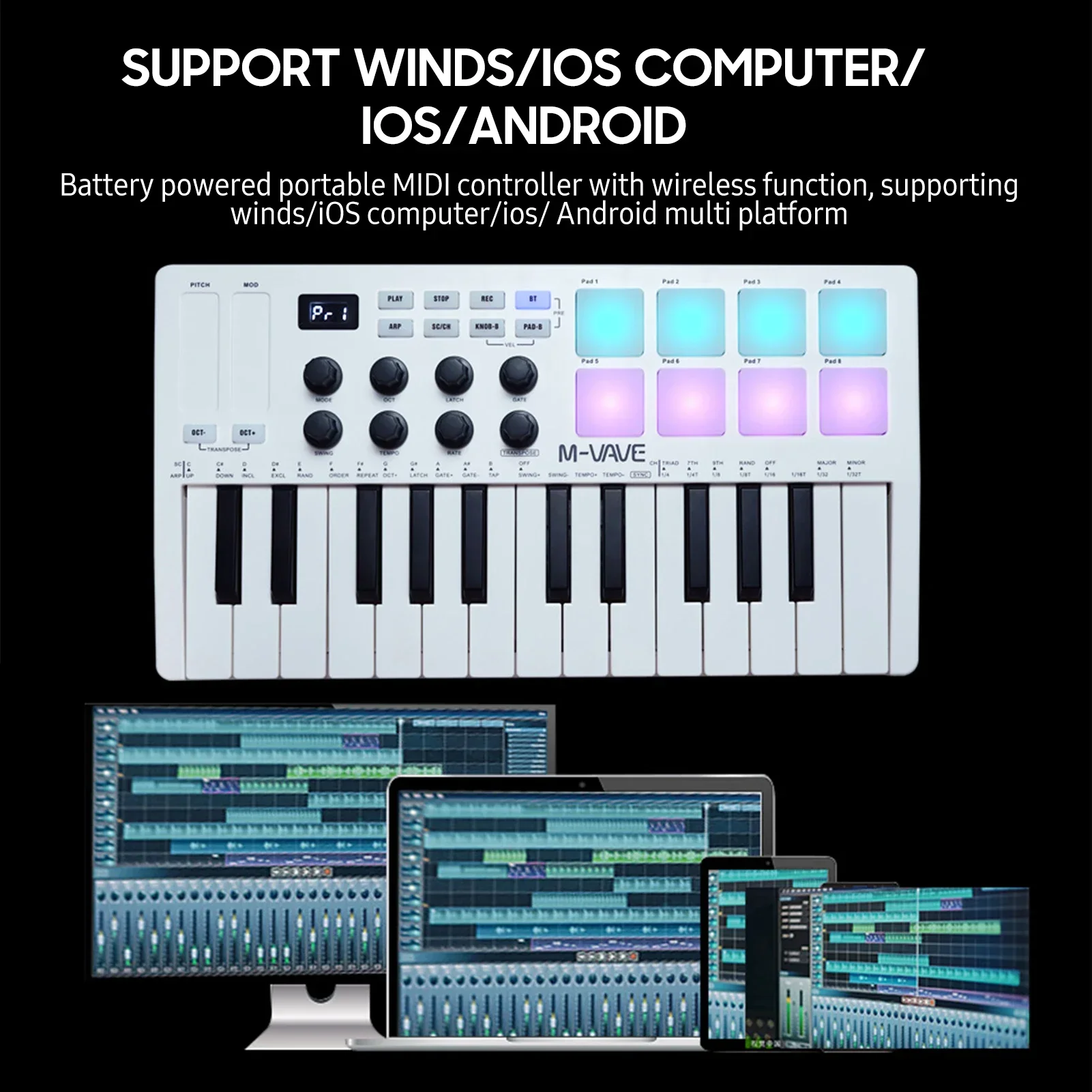 M-VAVE MIDI Controller Keyboard 25-Key Mini Portable USB Keyboard Piano MIDI Keyboard Controller 8 RGB Backlit Pads 8 Knobs thumbnail 2