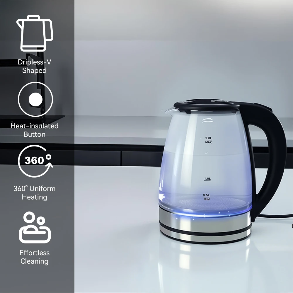 Blue Light Glass Electric Kettle 2.0L Transparent Glass Boiling Teapot Auto Shut-off Portable Jug Security thumbnail 5