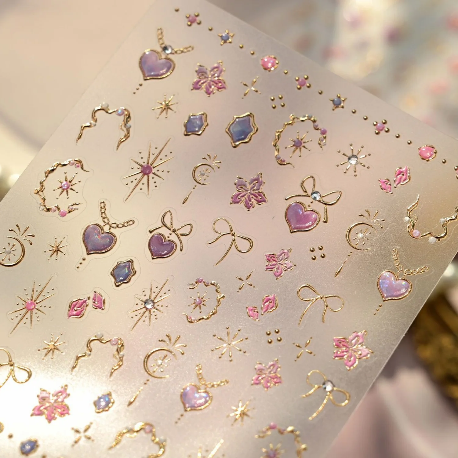 Purple Pink Heart 5D Nail Art Stickers Gold Edge Cherry Blossom Star Octagonal Star Pearl Bow Gem Self Adhesive Nail Decals DIY thumbnail 6