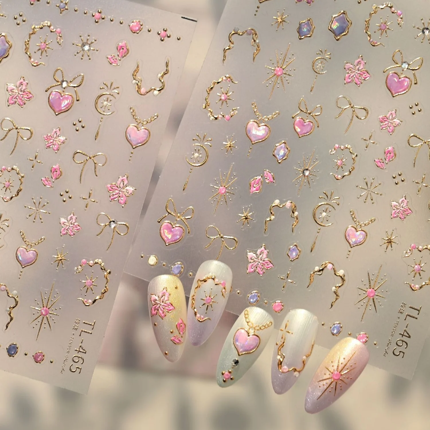 Purple Pink Heart 5D Nail Art Stickers Gold Edge Cherry Blossom Star Octagonal Star Pearl Bow Gem Self Adhesive Nail Decals DIY thumbnail 4