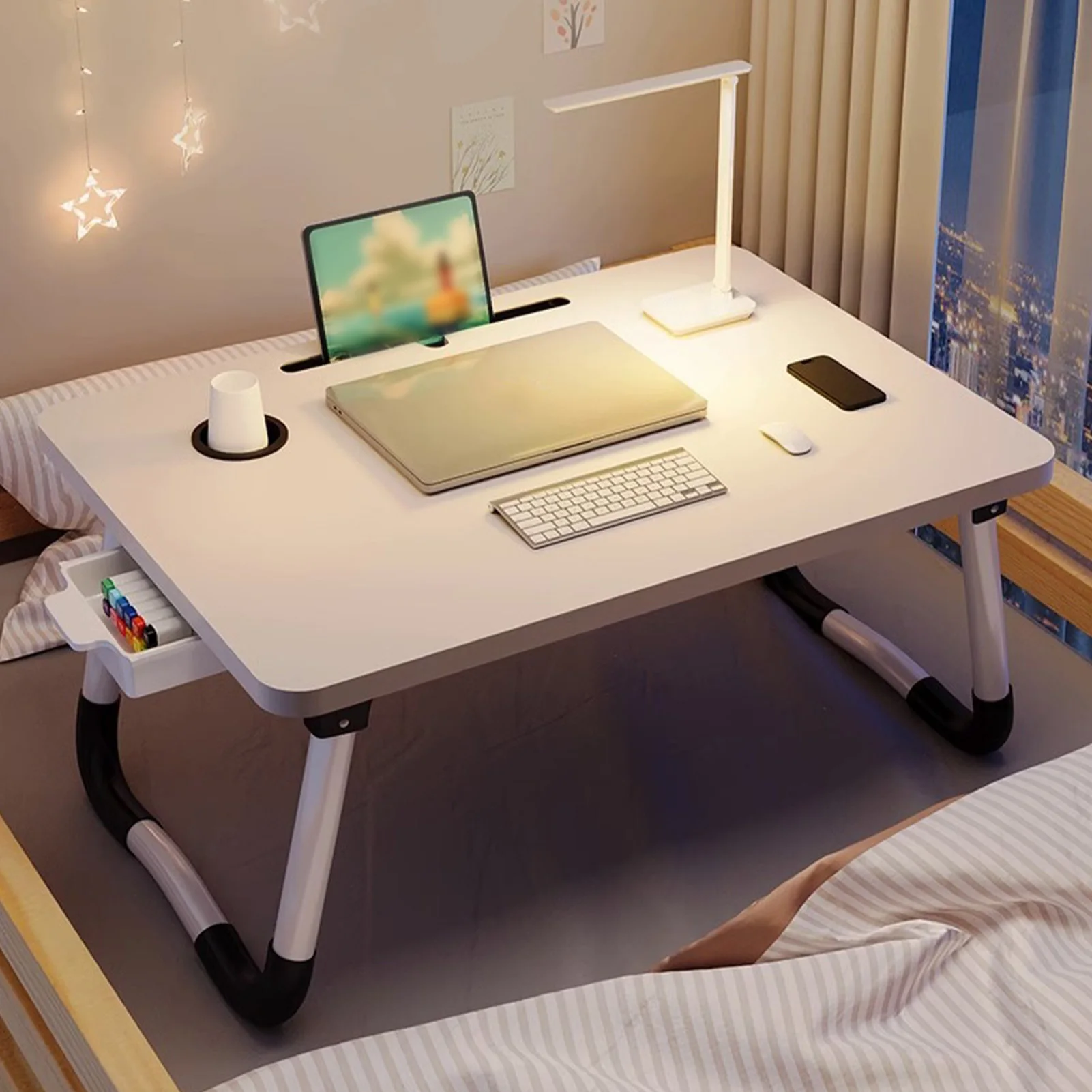 Foldable Laptop Bed Desk Portable Bed Table Tray Stand with Cup Holder Drawer for Sofa Floor Bedroom Reading Writing Eating thumbnail 4