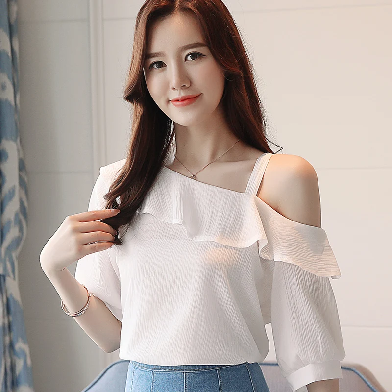 Women's Shirt Tops One-Shoulder Ruffles Short-sleeved Chiffon Blouse thumbnail 3