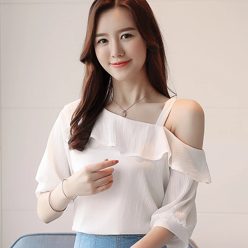 Women's Shirt Tops One-Shoulder Ruffles Short-sleeved Chiffon Blouse thumbnail 4