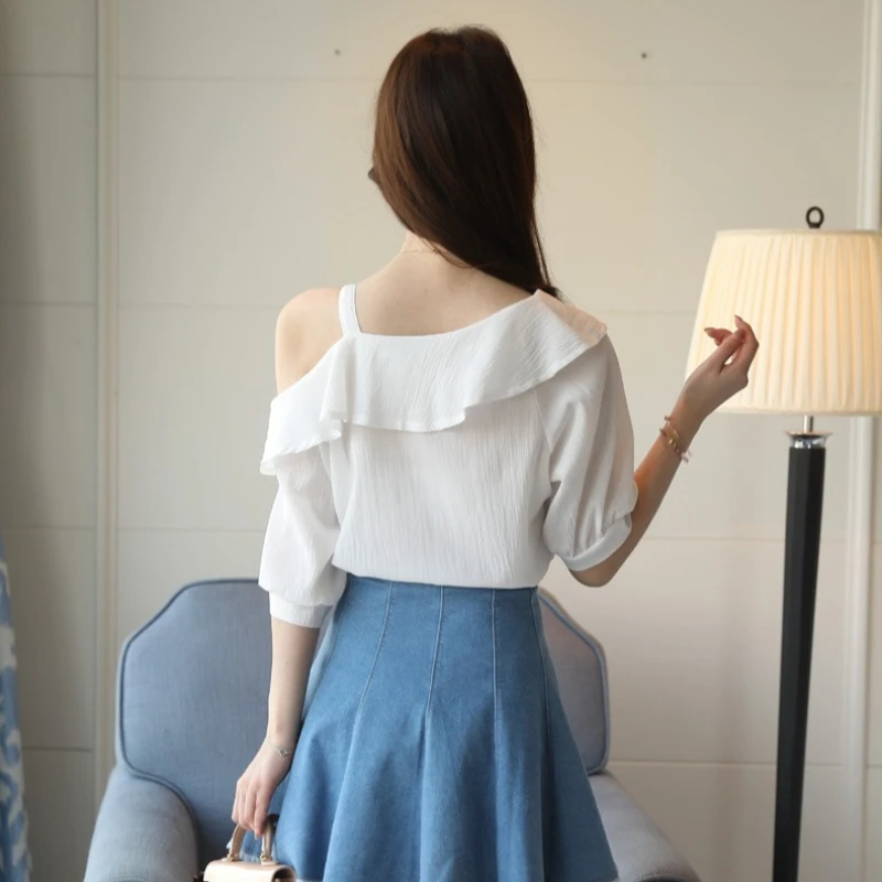 Women's Shirt Tops One-Shoulder Ruffles Short-sleeved Chiffon Blouse thumbnail 2