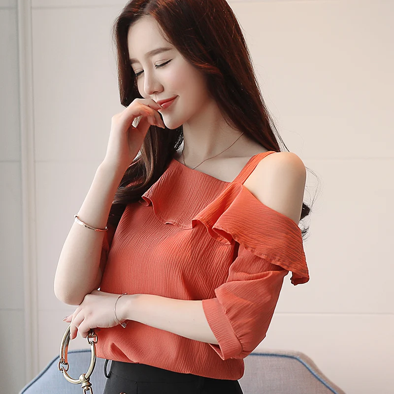 Women's Shirt Tops One-Shoulder Ruffles Short-sleeved Chiffon Blouse thumbnail 6