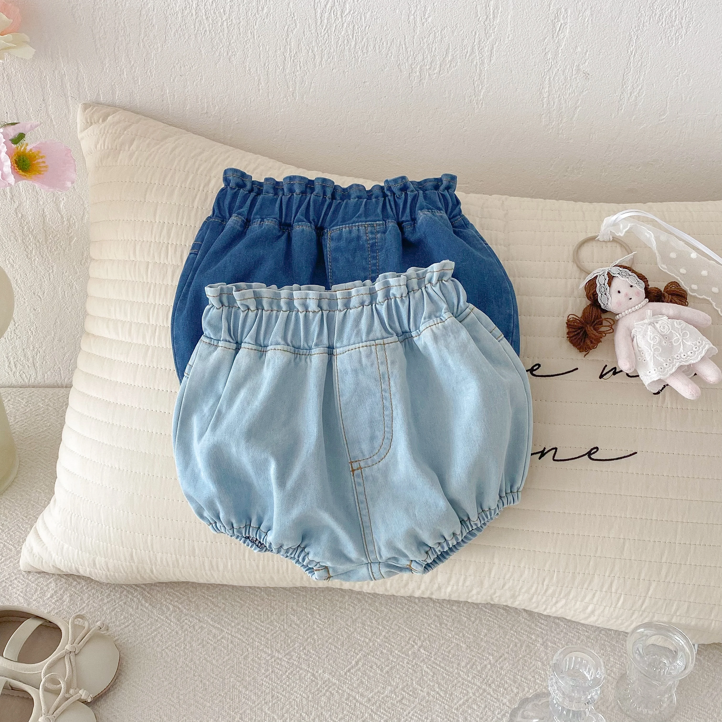 Baby Denim Bloomers Shorts Newborn Soft Cozy Cotton Toddler Boys Girls Summer Shorts Pants Ruffles Waist Kids Clothing 0-3T thumbnail 2