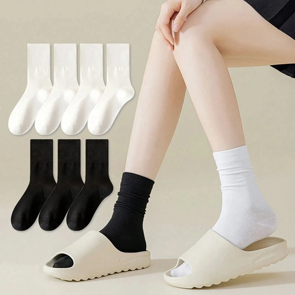 7 Pairs Women Round Neck Socks Fashionable Versatile Black White Solid Boneless Soft Sweat Absorbing Breathable Casual Socks thumbnail 6