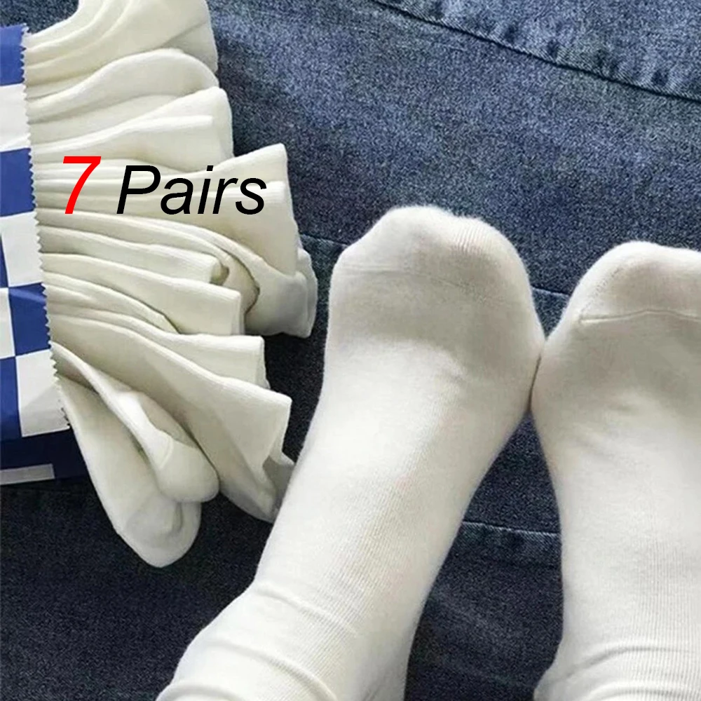 7 Pairs Women Round Neck Socks Fashionable Versatile Black White Solid Boneless Soft Sweat Absorbing Breathable Casual Socks