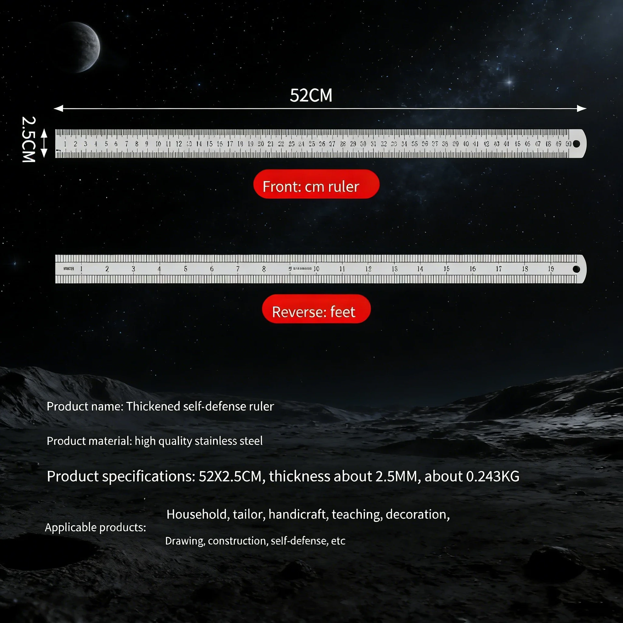 2.5mm Forged Longquan Steel Ruler - 50cm Multi-Purpose Car Tool with Thickened Design for Measuring & Self-Defense thumbnail 2