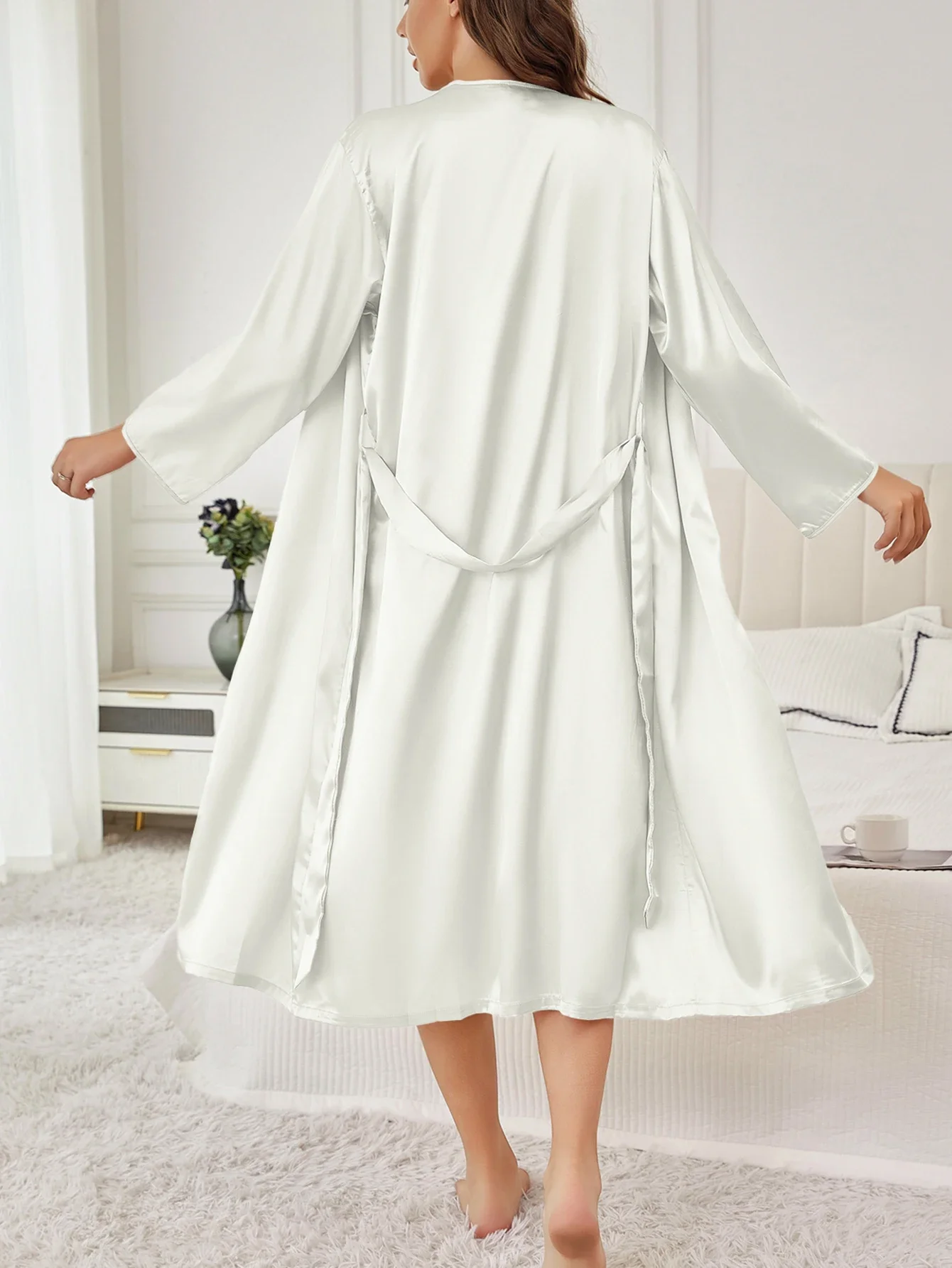 Women's Satin Robe Belted Elegant Solid Color Silky Comfort Bathrobe Loungewear thumbnail 6