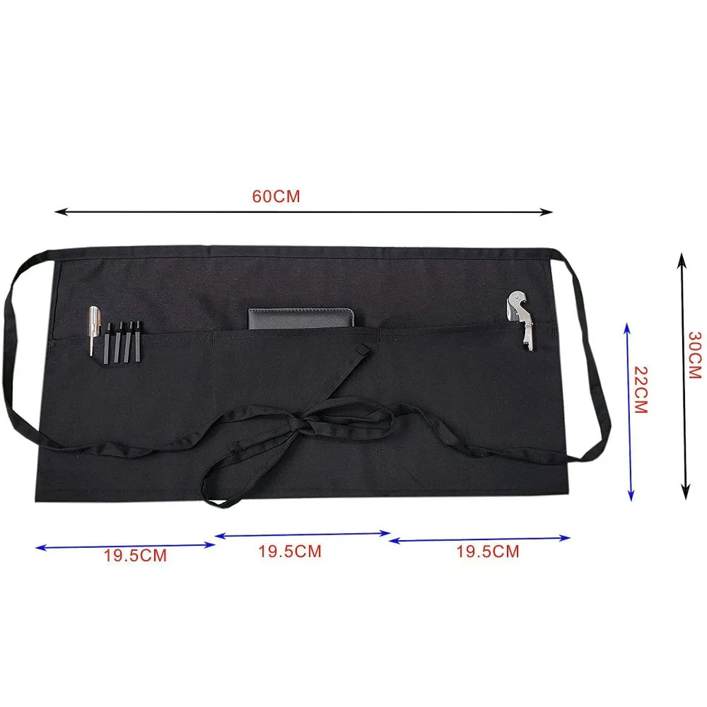 Fashion chef Short Small Apron 3 Pockets Waist Apron Black Waterproof Waitress Half Apron home and kitchen Practical products thumbnail 5