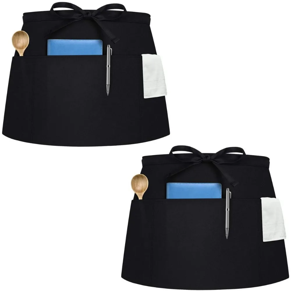 Fashion chef Short Small Apron 3 Pockets Waist Apron Black Waterproof Waitress Half Apron home and kitchen Practical products thumbnail 4