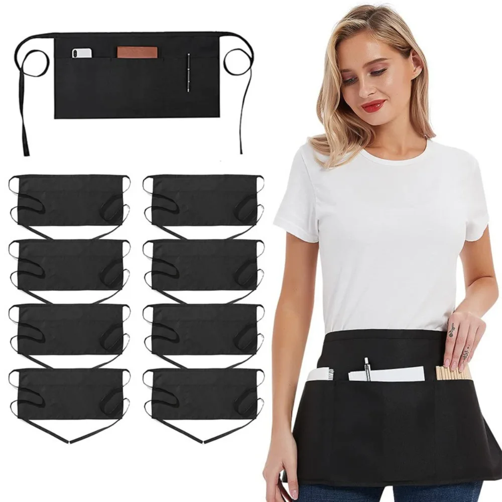 Fashion chef Short Small Apron 3 Pockets Waist Apron Black Waterproof Waitress Half Apron home and kitchen Practical products thumbnail 6