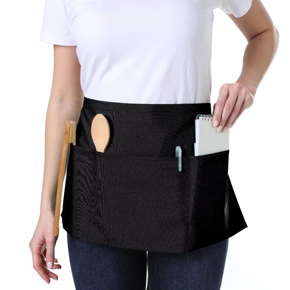 Fashion chef Short Small Apron 3 Pockets Waist Apron Black Waterproof Waitress Half Apron home and kitchen Practical products thumbnail 3