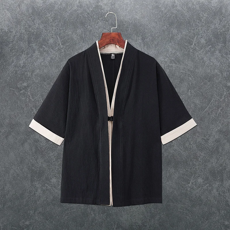 Summer Japanese Kimono Cardigan for Men Lightweight Linen 3/4 Sleeve Open Front Black Traditional Haori Kimonos