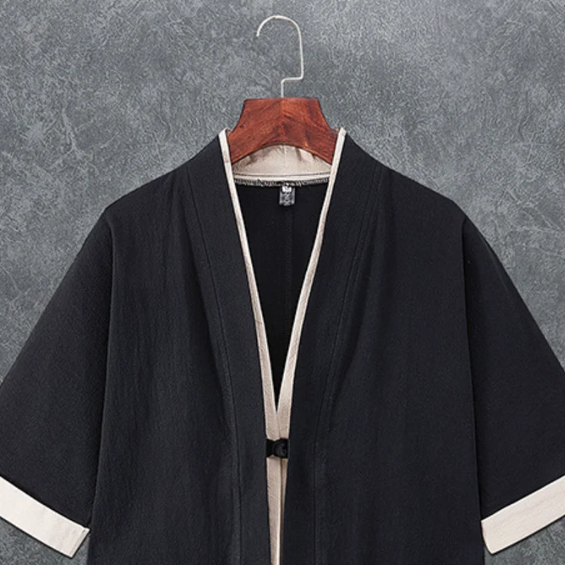 Summer Japanese Kimono Cardigan for Men Lightweight Linen 3/4 Sleeve Open Front Black Traditional Haori Kimonos thumbnail 3