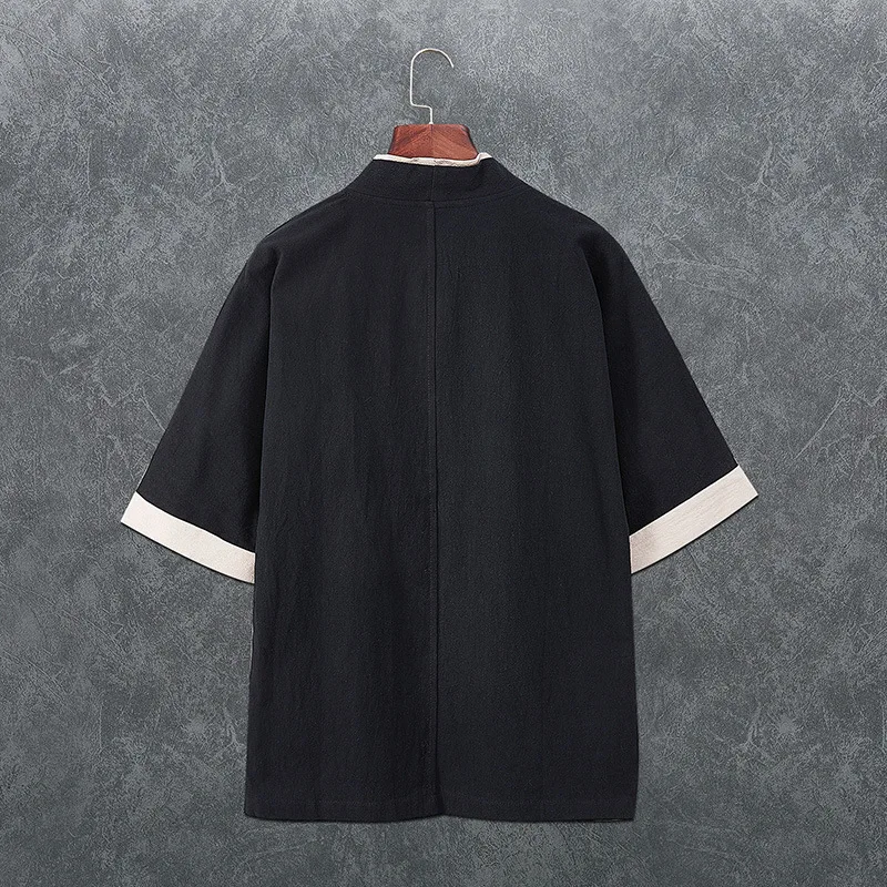 Summer Japanese Kimono Cardigan for Men Lightweight Linen 3/4 Sleeve Open Front Black Traditional Haori Kimonos thumbnail 2