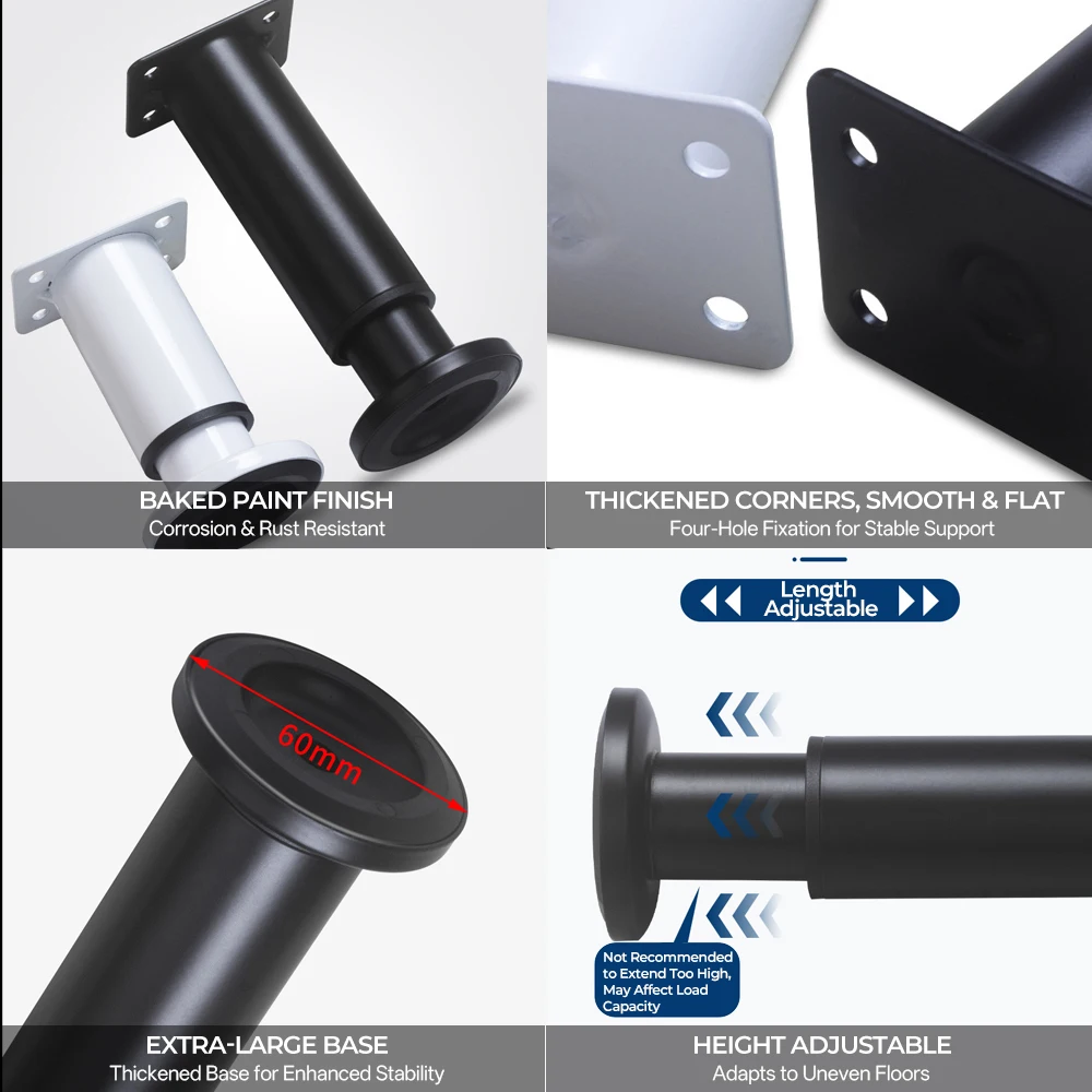 4PCS Adjustable Furniture Legs Thickened Support Legs with Screws for Cabinet Desk Table Chair Bed Sofa black white grey silvery thumbnail 3