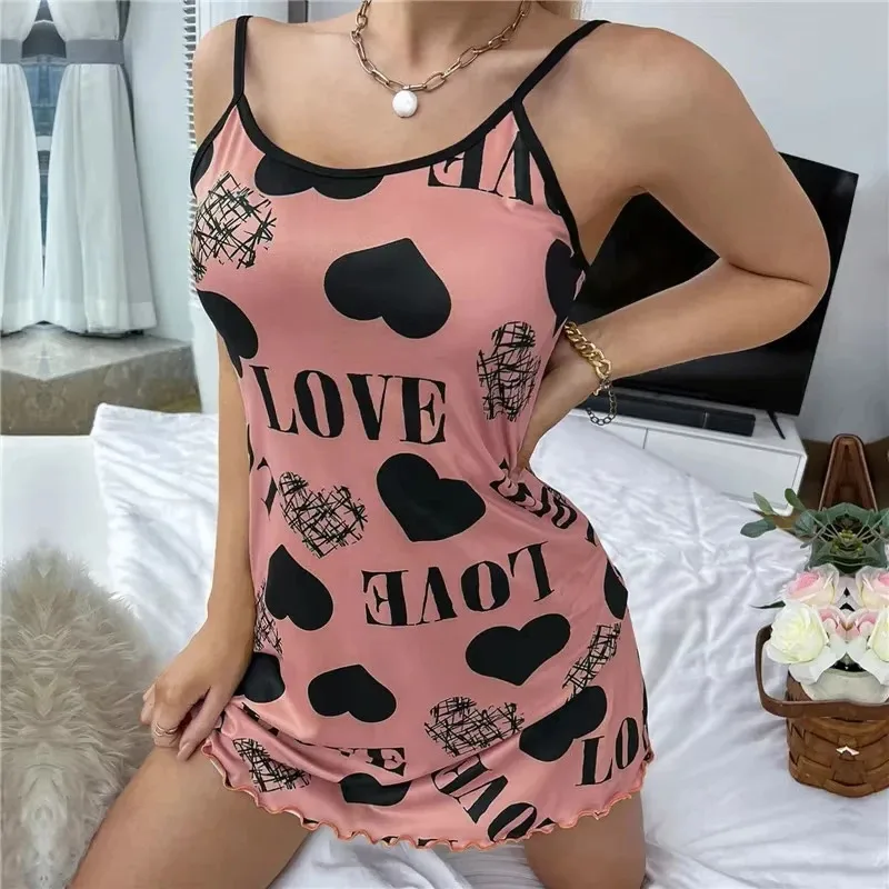Summer New Women's Nightgown Beauty Back Thin Section Of Home Wear Sexy Halter Short Skirt Love Cartoon Cute Printing Pajamas thumbnail 6