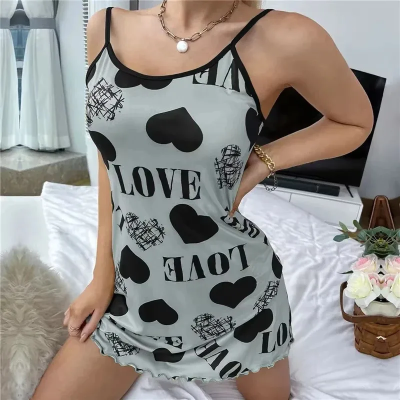 Summer New Women's Nightgown Beauty Back Thin Section Of Home Wear Sexy Halter Short Skirt Love Cartoon Cute Printing Pajamas thumbnail 2