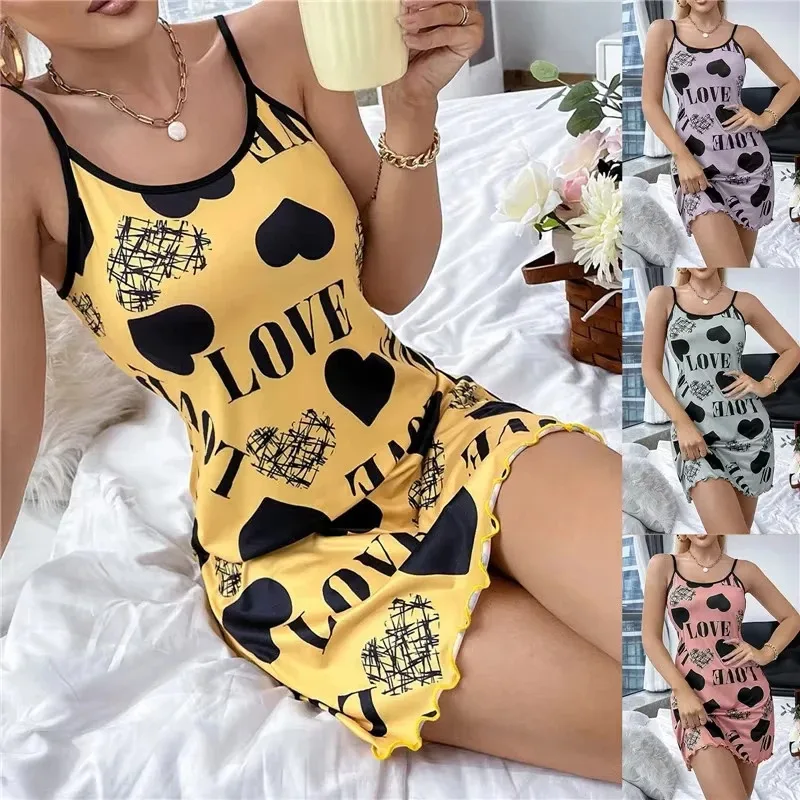 Summer New Women's Nightgown Beauty Back Thin Section Of Home Wear Sexy Halter Short Skirt Love Cartoon Cute Printing Pajamas thumbnail 3
