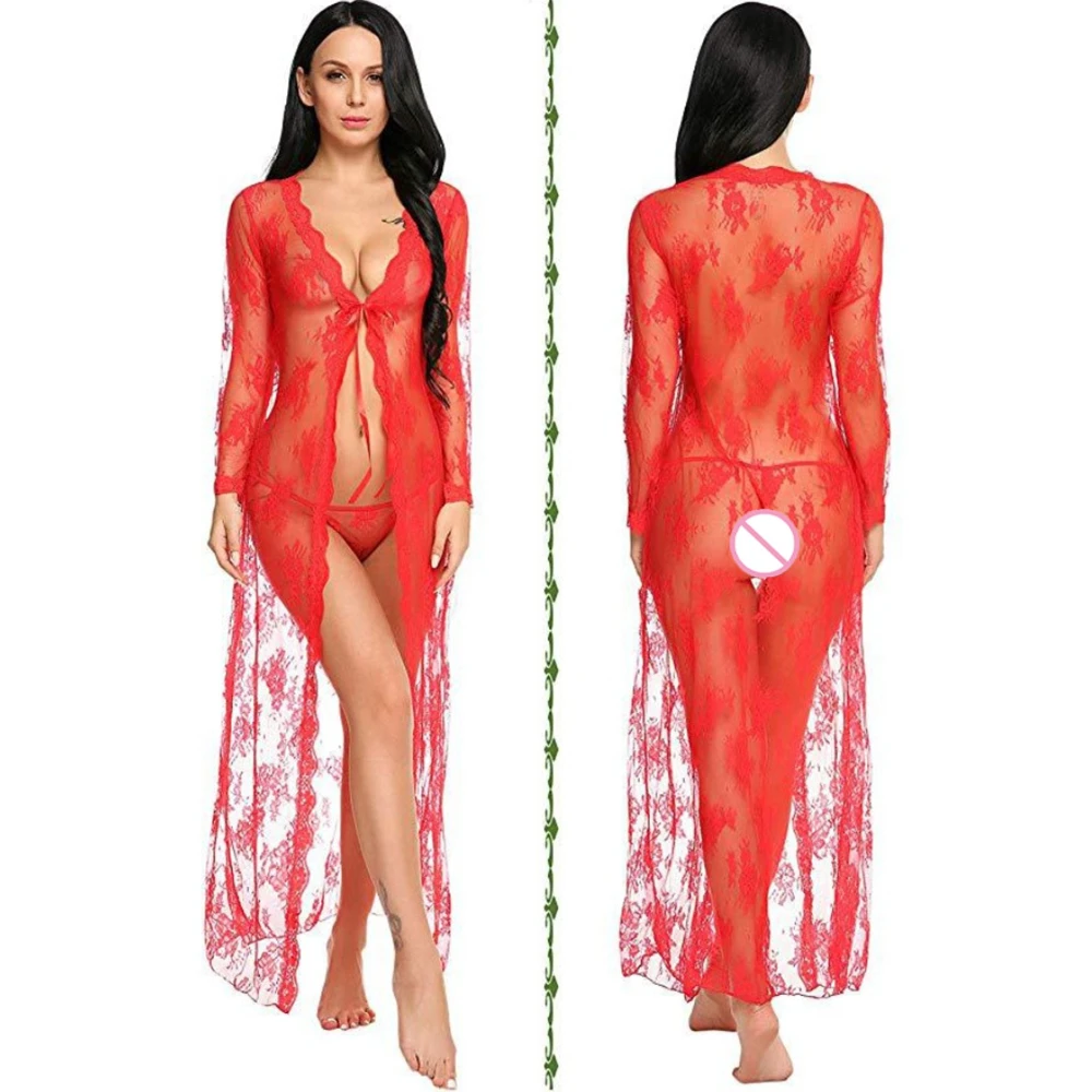 Women's Sheer Floral Lace Robe Long Sleeve Deep V-Neck Open Front Maxi Nightgowns with Thong Sets Sexy Lingeries for Honeymoon thumbnail 2