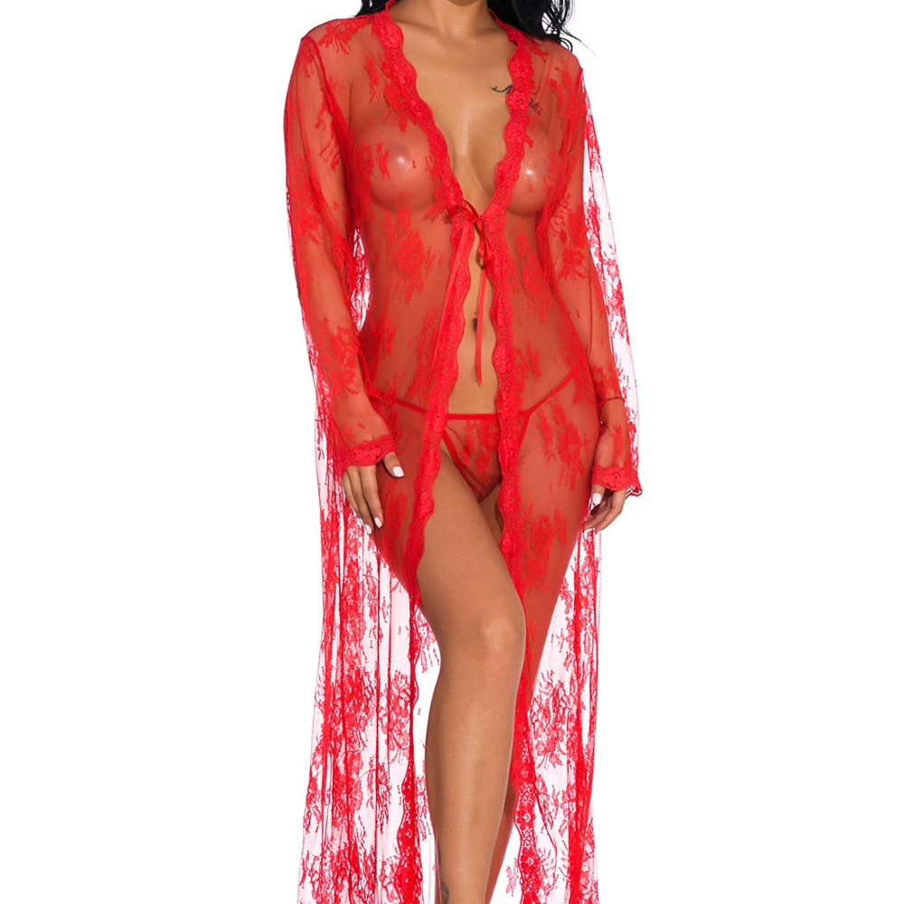 Women's Sheer Floral Lace Robe Long Sleeve Deep V-Neck Open Front Maxi Nightgowns with Thong Sets Sexy Lingeries for Honeymoon thumbnail 4