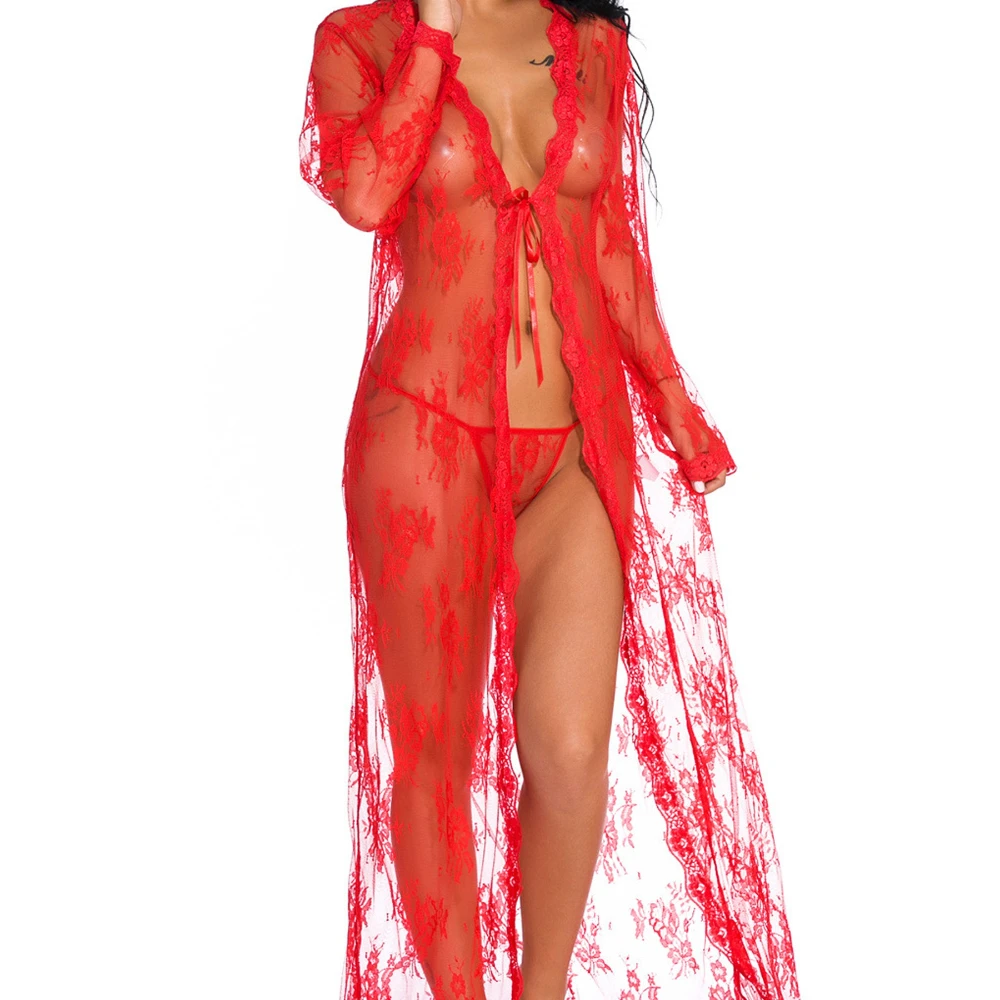 Women's Sheer Floral Lace Robe Long Sleeve Deep V-Neck Open Front Maxi Nightgowns with Thong Sets Sexy Lingeries for Honeymoon thumbnail 3