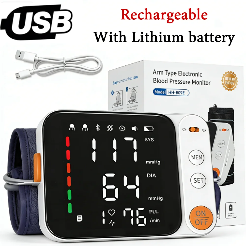 Rechargeable Blood Pressure Monitor Upper Arm Automatic BP Cuff Machine with HD LED Display for Home Use Health Care Tonometer