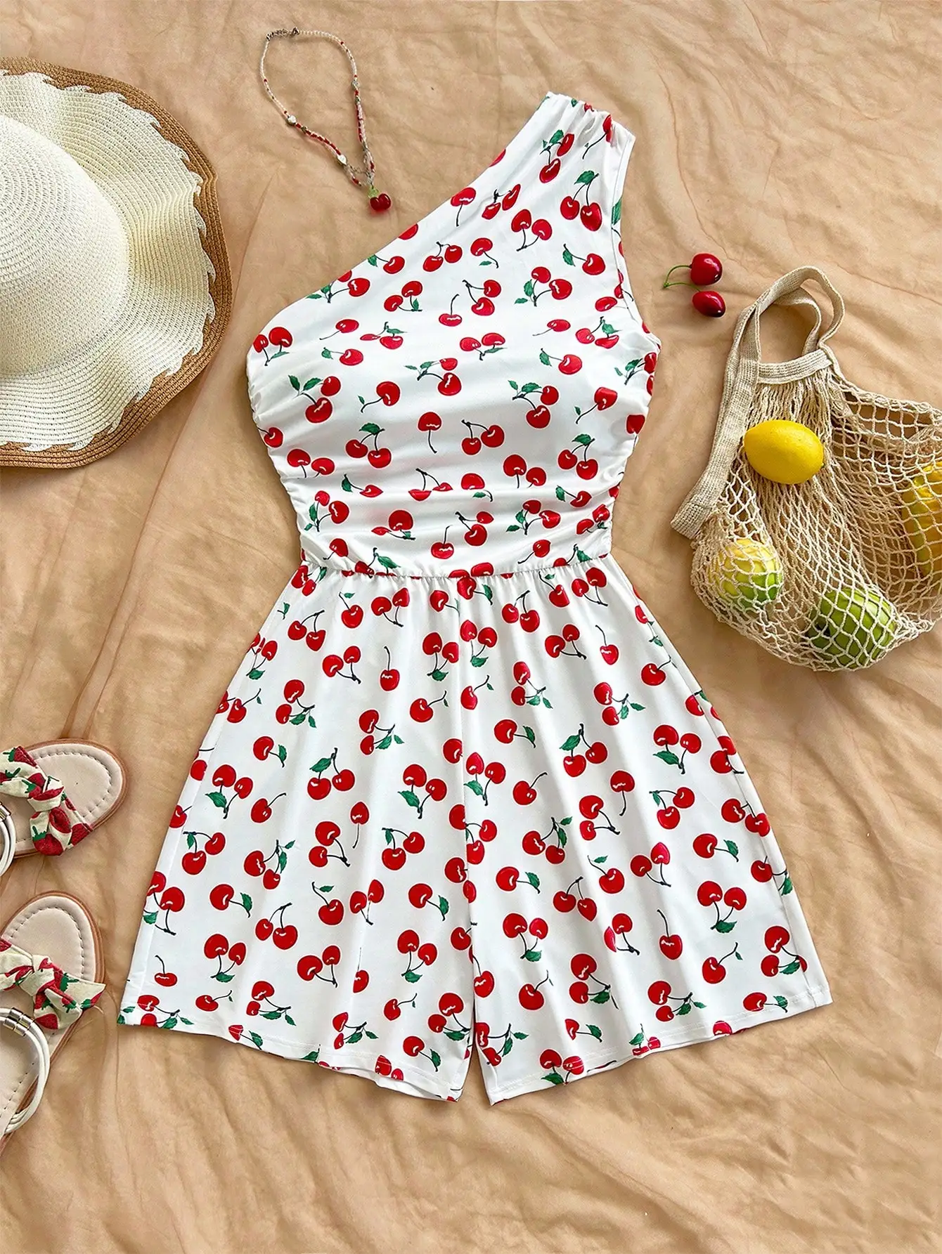 Women's Cherry-Print One-Shoulder Jumpsuit thumbnail 3