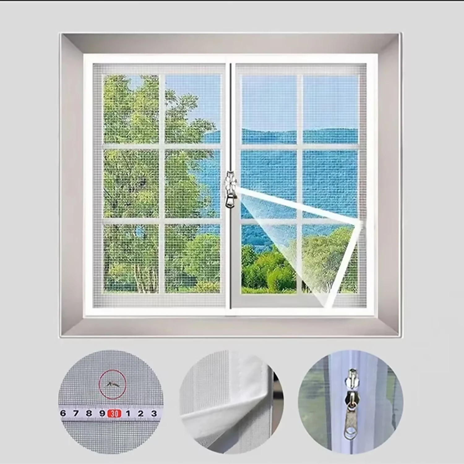 Summer self-adhesive mosquito nets, curtains and window treatments, mosquiteras para ventana，Zipper design moustiquaire (white)