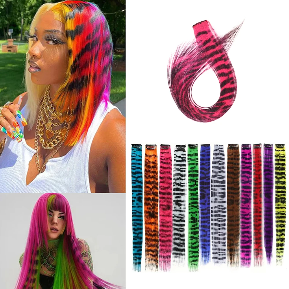 New Stripe Printed Clip in Hair Extensions Synthetic Straight Hair Highlights Colorful 18 Inches Wig Hairpieces Girls