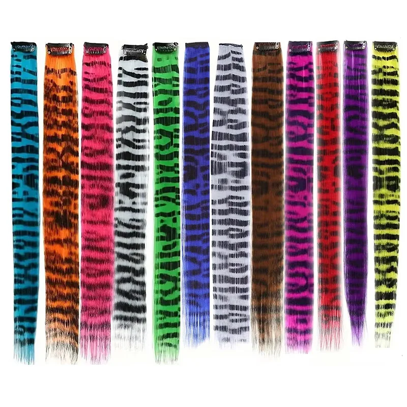New Stripe Printed Clip in Hair Extensions Synthetic Straight Hair Highlights Colorful 18 Inches Wig Hairpieces Girls thumbnail 5