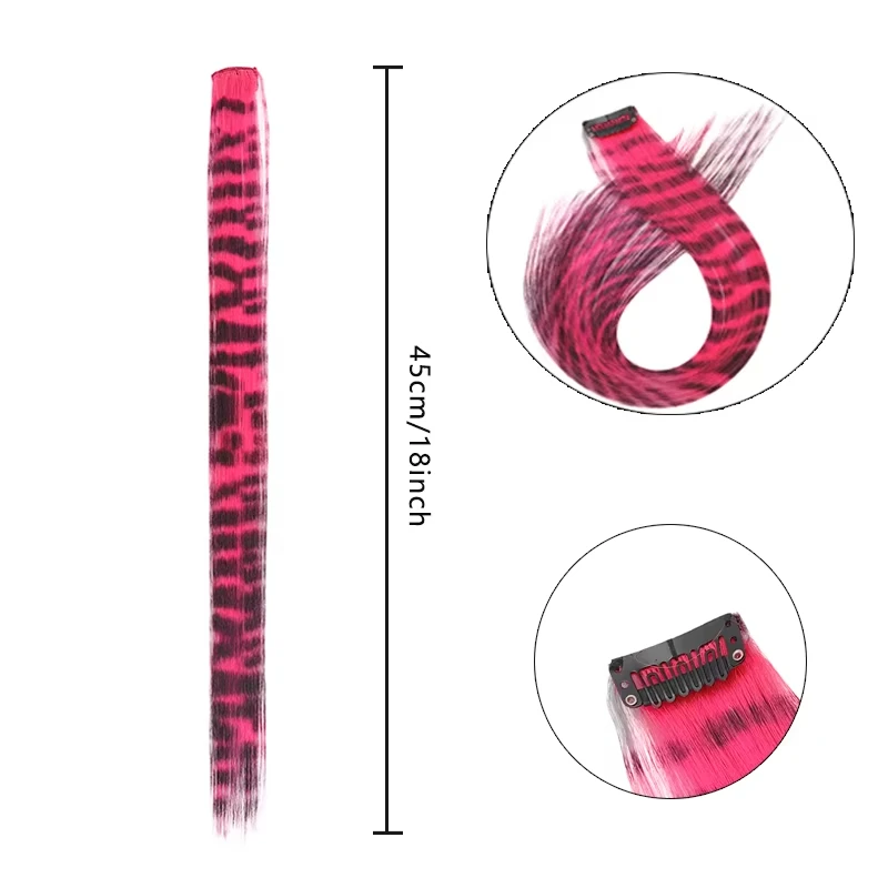 New Stripe Printed Clip in Hair Extensions Synthetic Straight Hair Highlights Colorful 18 Inches Wig Hairpieces Girls thumbnail 3