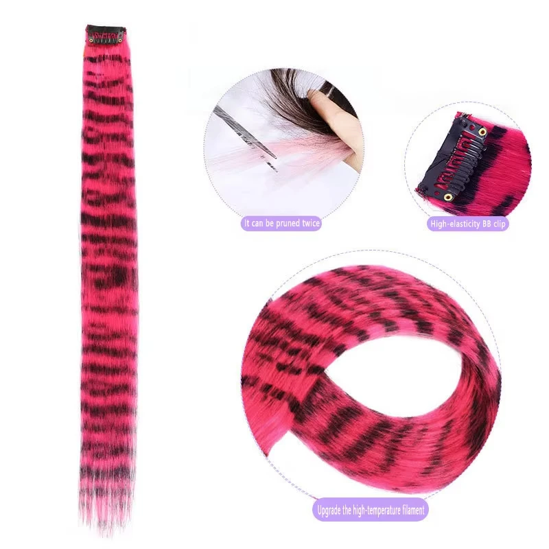 New Stripe Printed Clip in Hair Extensions Synthetic Straight Hair Highlights Colorful 18 Inches Wig Hairpieces Girls thumbnail 4