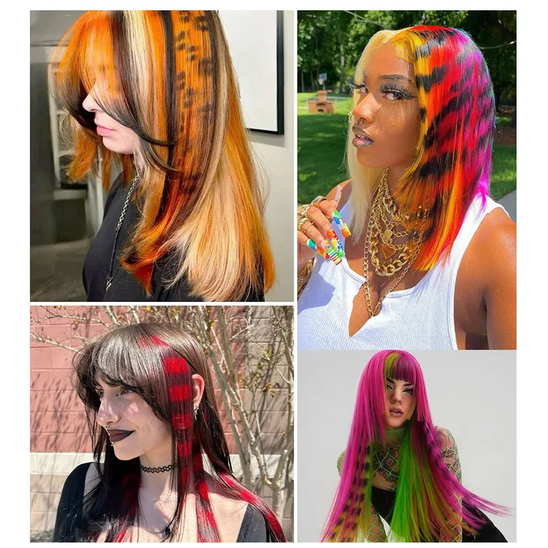 New Stripe Printed Clip in Hair Extensions Synthetic Straight Hair Highlights Colorful 18 Inches Wig Hairpieces Girls thumbnail 6
