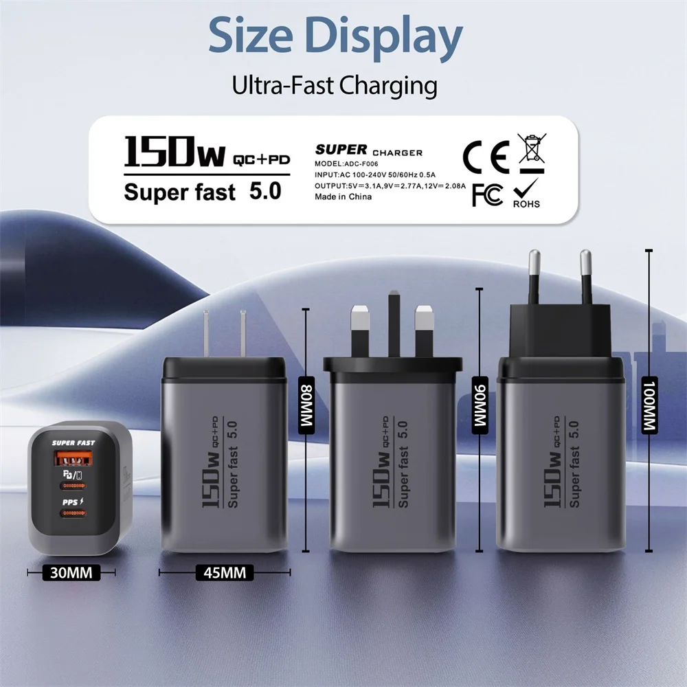3 IN 1 USB C Charger 150W Fast Charging Phone Adapter PD Quick Charge 3.0 Wall Charger EU/UK/US Plug For iPhone17 Samsung Xiaomi thumbnail 6