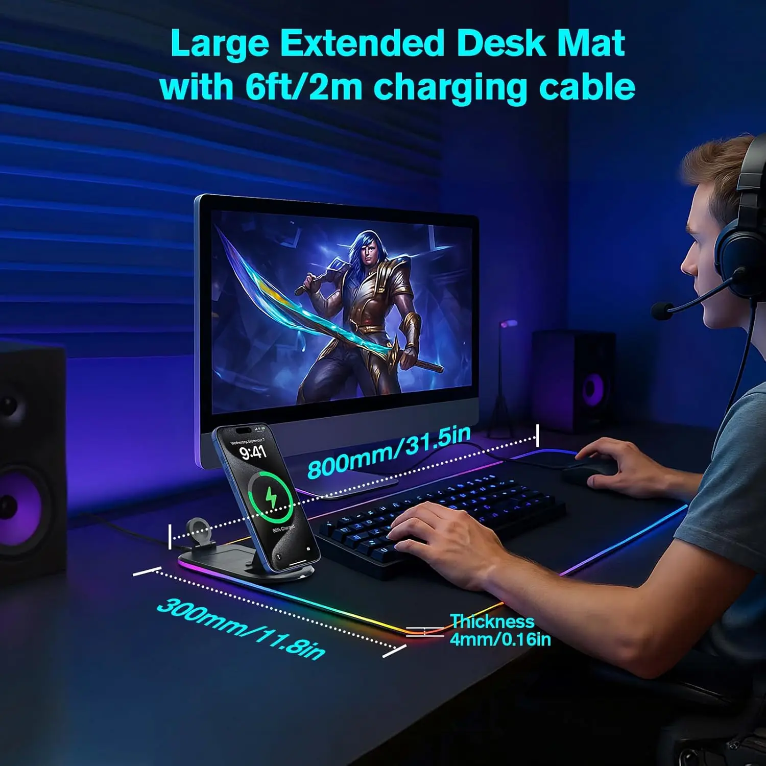 4-in-1 Wireless Charging Desk Mat with Phone Holder, RGB Gaming Mousepad, Large Waterproof Office Desk Pad, Ultra-Smooth Surface thumbnail 3